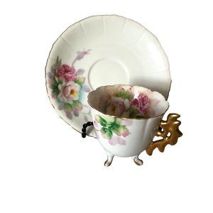 Vtg Takiro Japan Footed Demitasse Miniature Cup Saucer Pink Roses Gold Trim